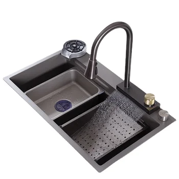 Черна кухненска мивка с водопад, растителен купа от неръждаема стомана Nano 304, интернет-знаменитост, домакински Пейка, голяма единично