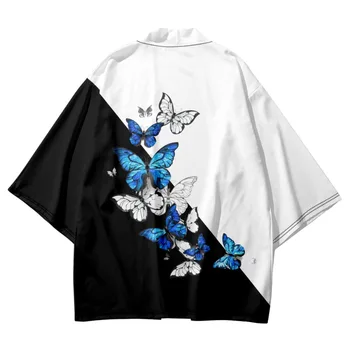 Черно-Бяла модерна риза с принтом пеперуди, Лятно дамско плажна кимоно Haori, Кимона Три Четвърти, Мъжка жилетка оверсайз, азиатски облекло