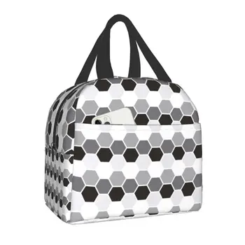 Черно-сива шестостенни геометрична изолирано чанта за обяд за жени, охладител с абстрактна геометрия, Термосумка за обяд, Офис, Екскурзия, Пътуване