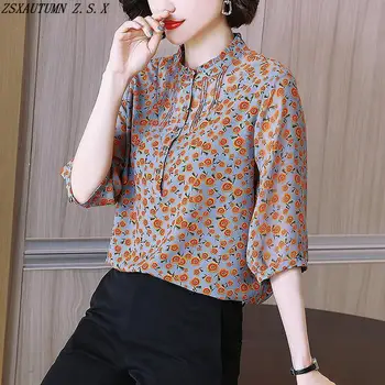 Шифоновая риза, женски годишният нов тънък дишаща Свободен топ с цветен модел, дамски ежедневни тънки елегантни блузи с ръкав в седем точки